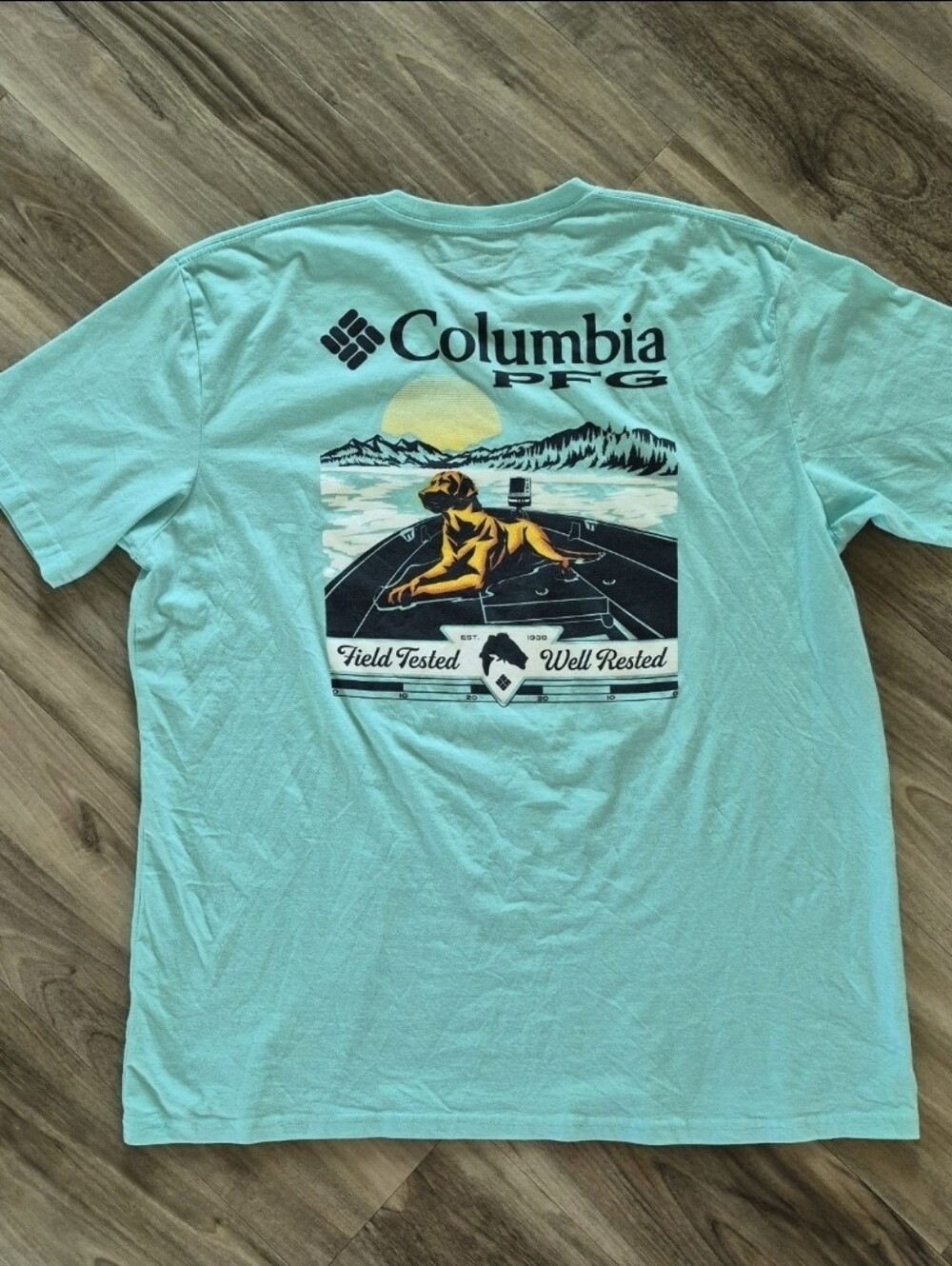 Columbia Men's PFG Short Sleeve T-shirt Seafoam Green Dog on Boat Mens XXL